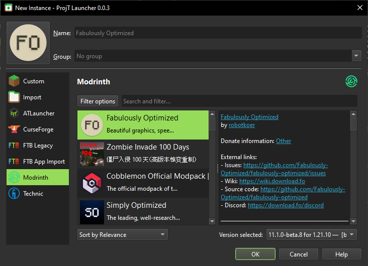 ProjT Launcher installing a Modrinth pack