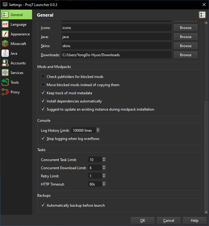 General Settings Backups Opened